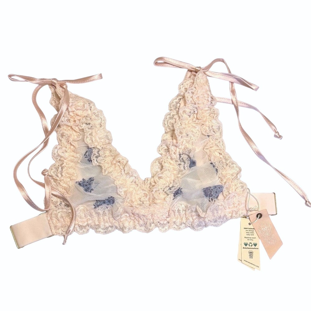 We Are HAH Free People Flip HAHround Bra Ditsy Floral French Blue Lace XS NWT